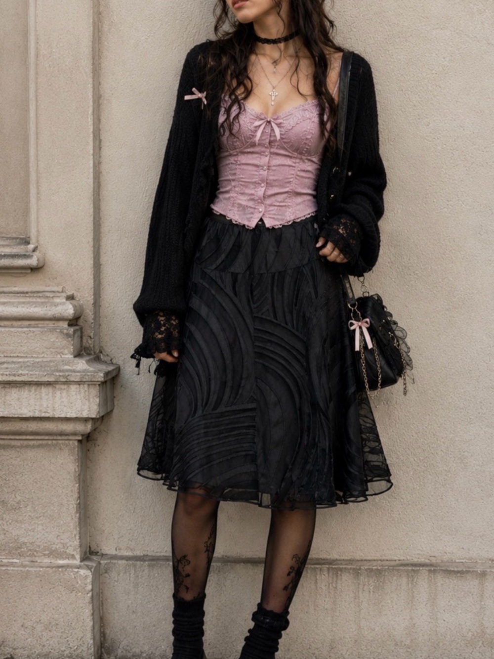 Vintage Monsoon Black Silk Blend A-Line Skirt Textured flowy fairy whimsigoth S